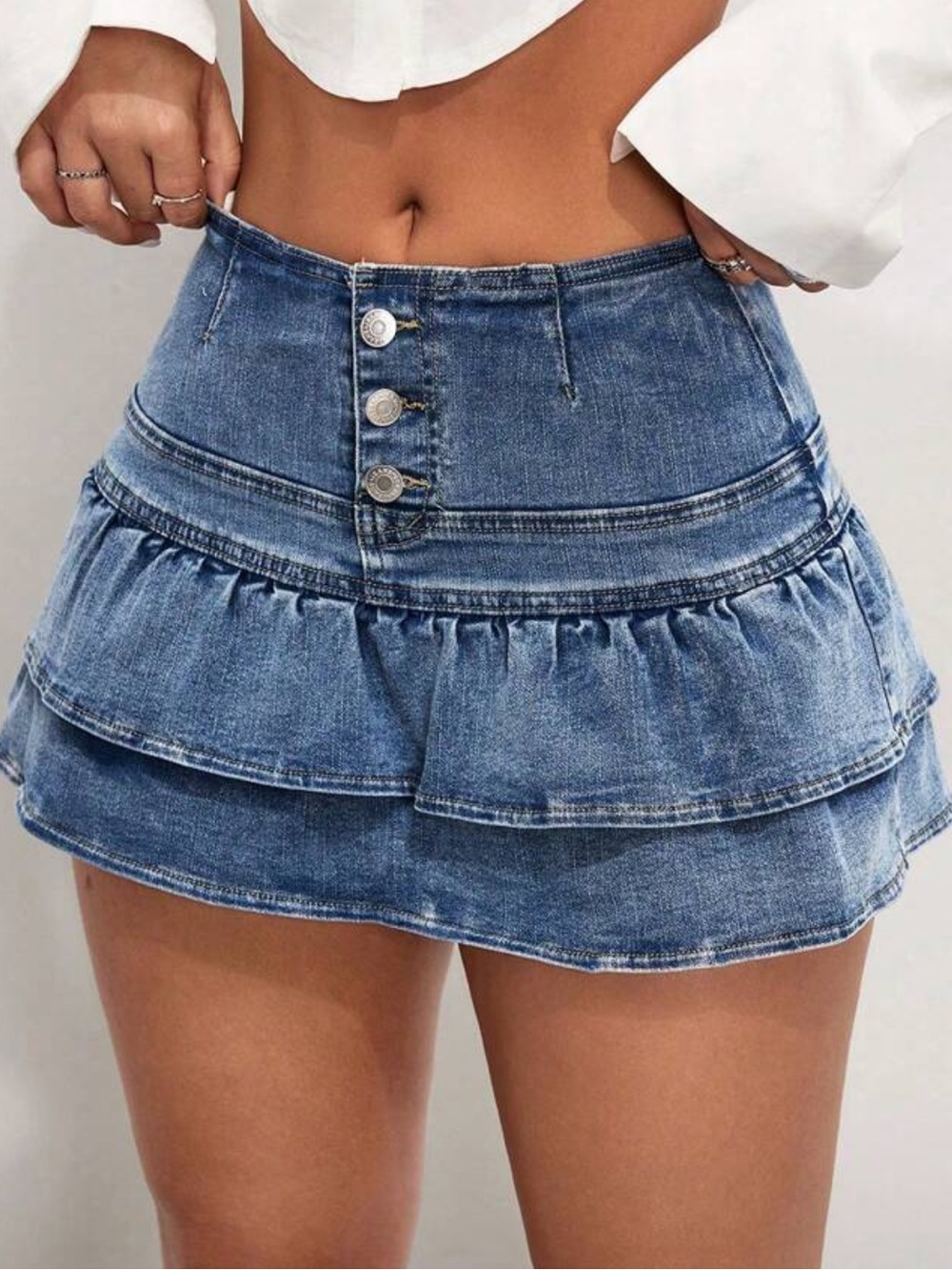 High-Rise Double Ruffle Denim Mini Skirt - Blue Wash